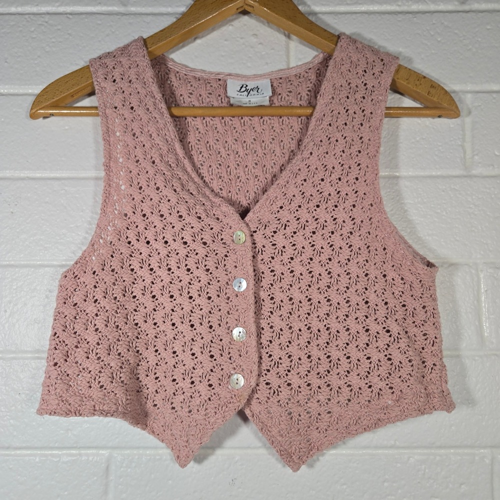 Vtg Byer California Crochet Knit Vest Medium Pink Shell Button 90s USA Fairycore